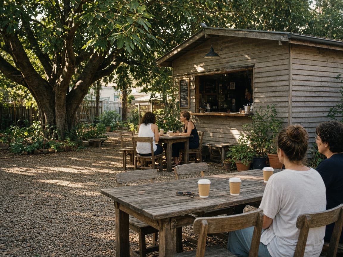 Outdoor tables at a local cafe on the Addison Road community grounds