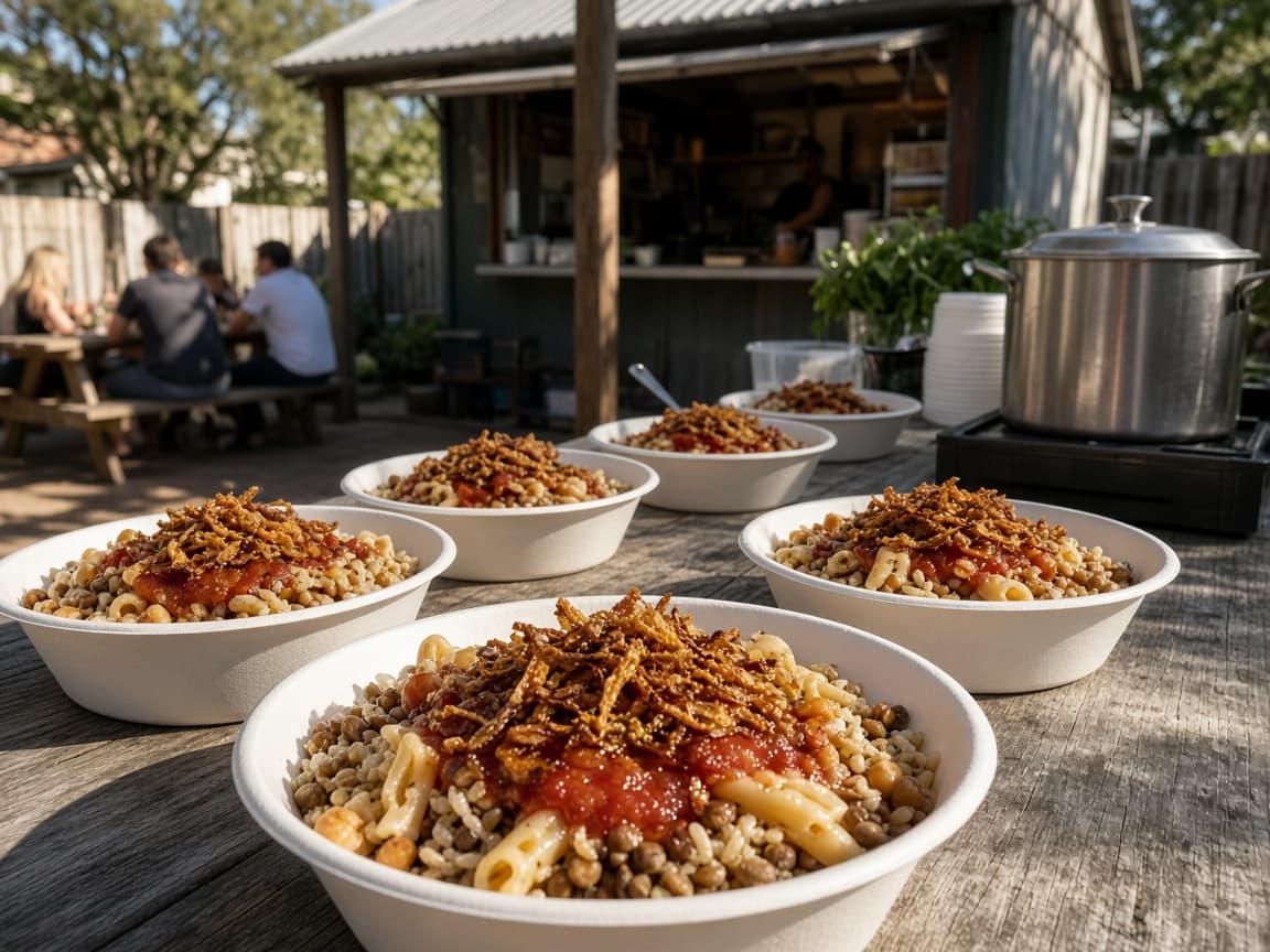 Bowls of Egyptian koshari street food on an outdoor table