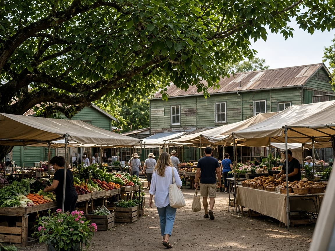Saturday market stalls with fruit, vegetables and flowers on the Addison Road grounds